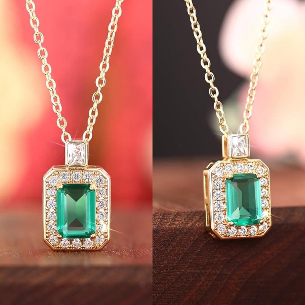 5ct Emerald-Cut Green Cubic Zirconia Micro Paved Halo Gold Tone Pendant Necklace - Picture 5 of 8